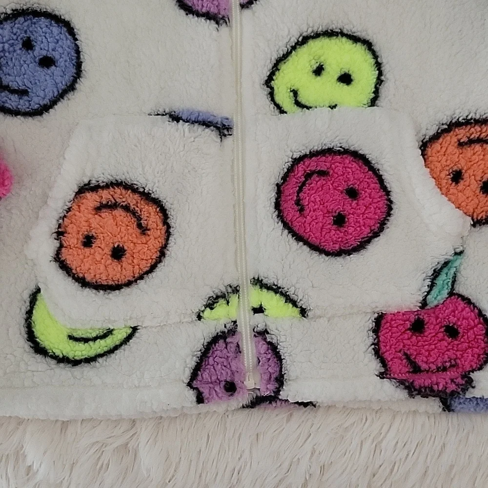 The Children's Place White Sherpa Colorful Emoji Zip Up Jacket Size 10/12